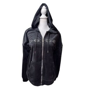 NWT Bebe Sport Black Plush Velour Zip Up Hoodie Jacket Crystal Rhinestone Logo M